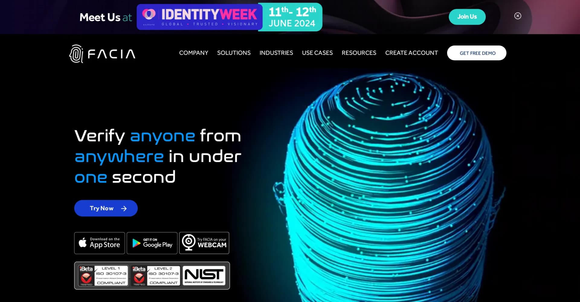 Facia AI homepage screenshot — Prevent fraud with fast facial recognition and 3D liveness d