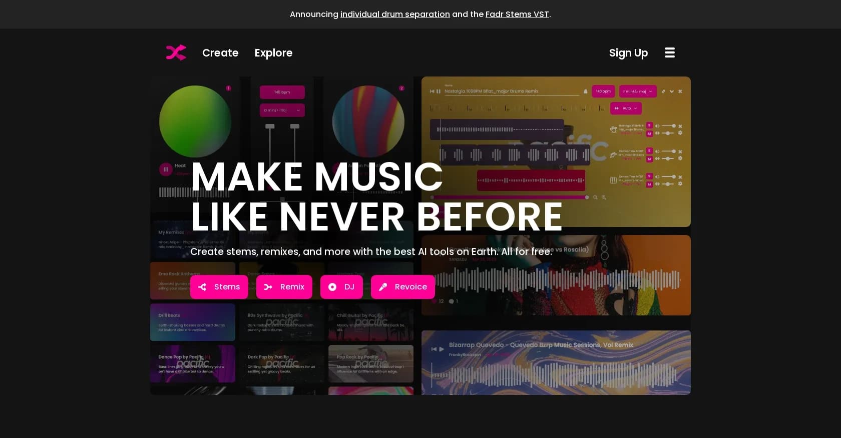 Fadr homepage screenshot — Create stems, remixes, and more with AI music tools