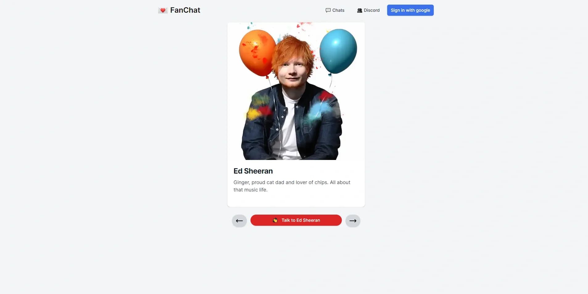 FanChat homepage screenshot — Chat with virtual celebrities instantly.