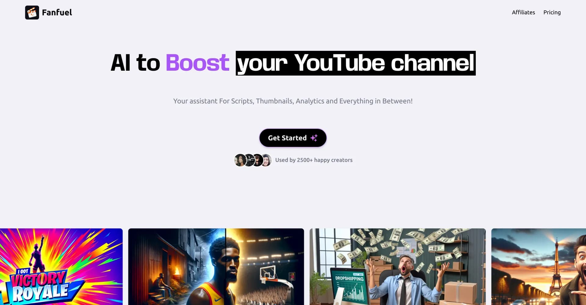 Fanfuel homepage screenshot — Supercharge Your YouTube Channel with AI