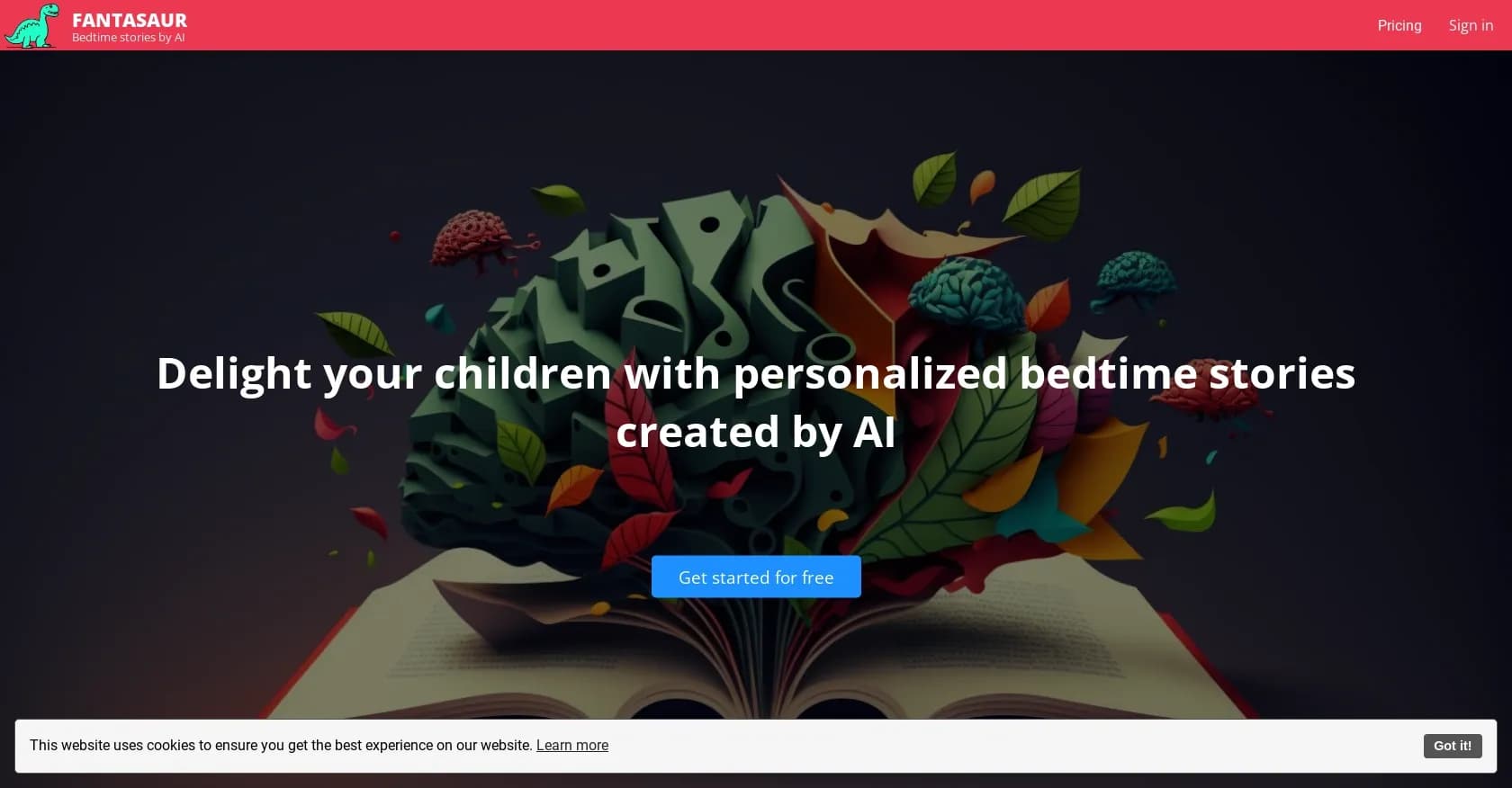Fantasaur homepage screenshot — Delight children with AI-generated bedtime stories