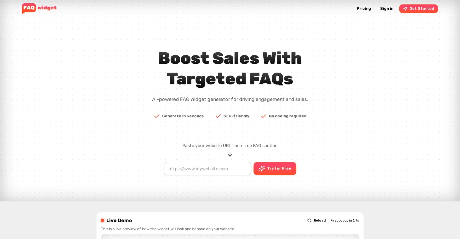 FAQWidget homepage screenshot — AI-powered FAQ Widget for boosting sales