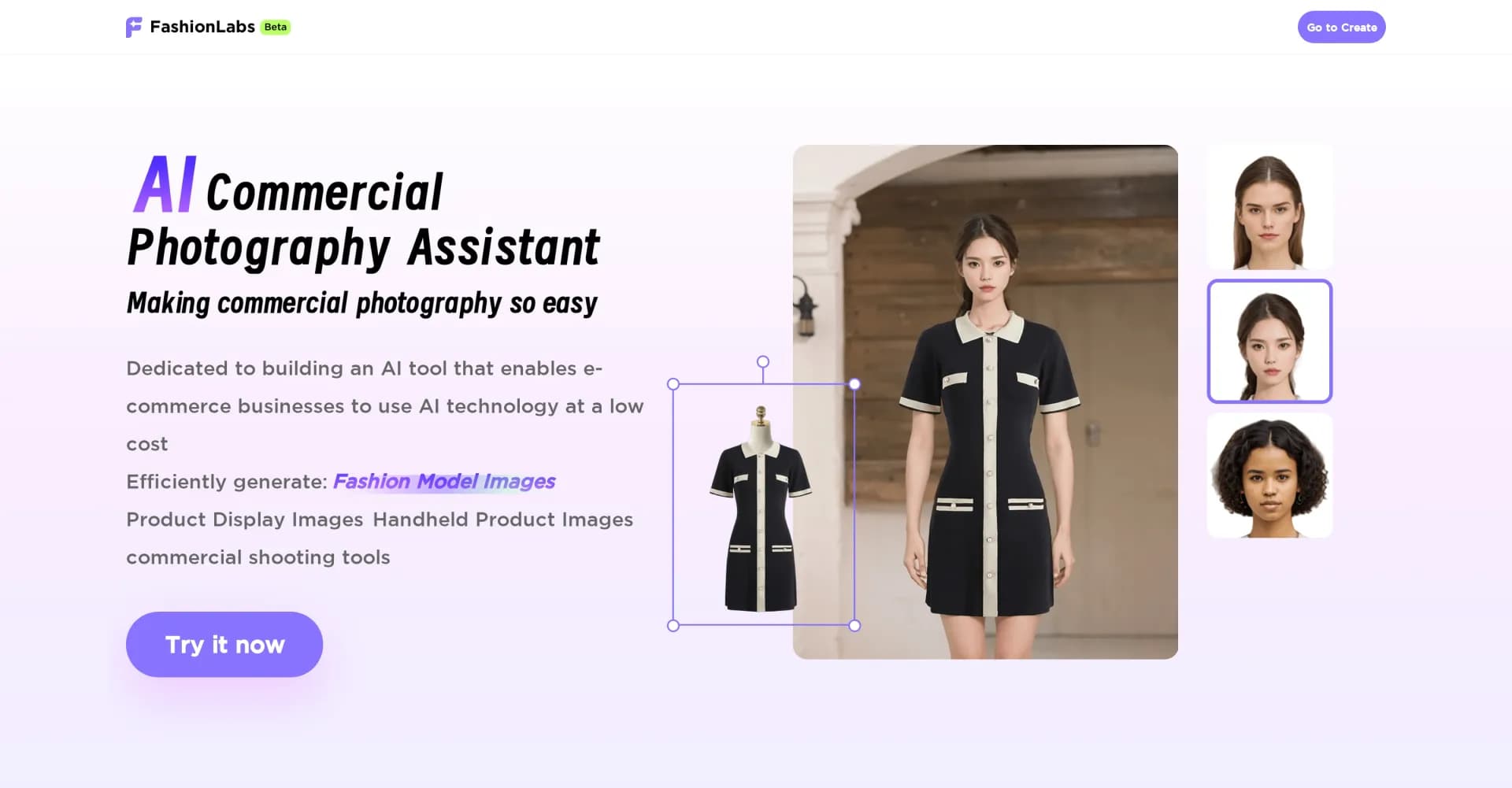 FashionLabs homepage screenshot — AI-powered virtual models revolutionize fashion showcases