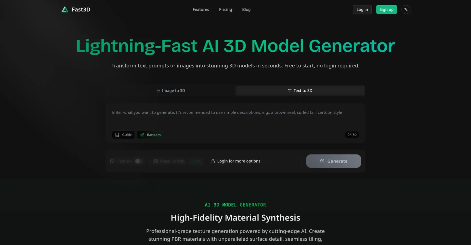 Fast3D homepage screenshot — Transform text or images into 3D models instantly.