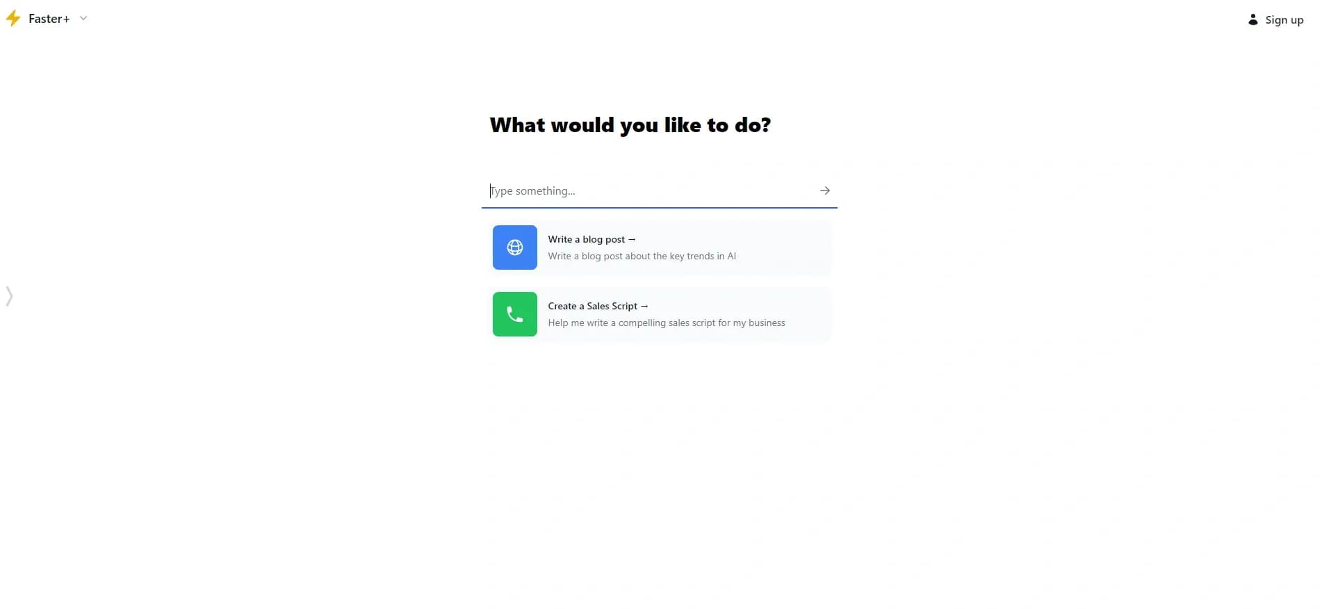 Faster.Chat homepage screenshot — Turbocharged chat Copilot for lightning-fast productivity.