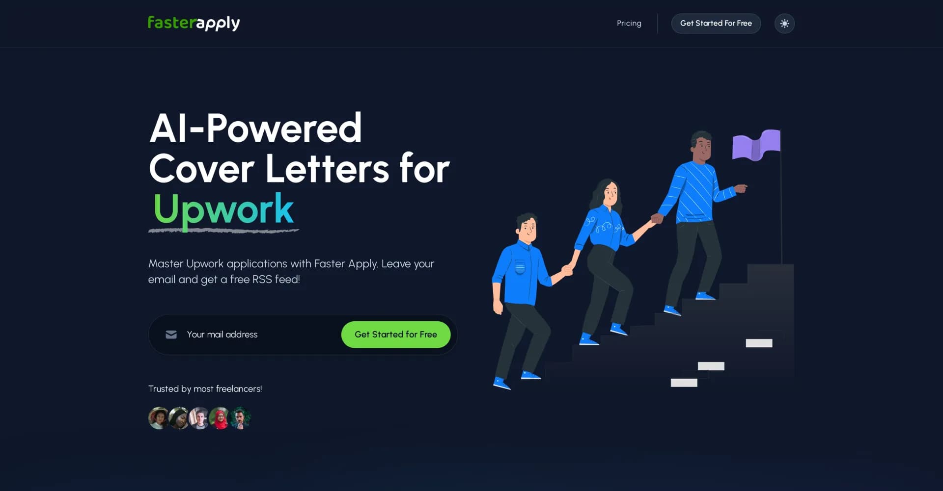 FasterApply homepage screenshot — AI-powered cover letters for Upwork success