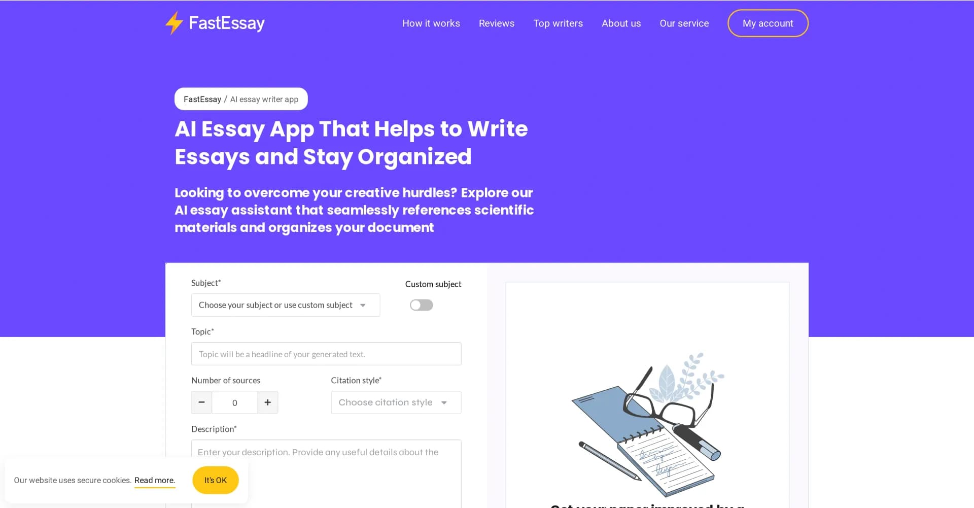 Fastessay homepage screenshot — AI essay app that helps to write essays and stay organized