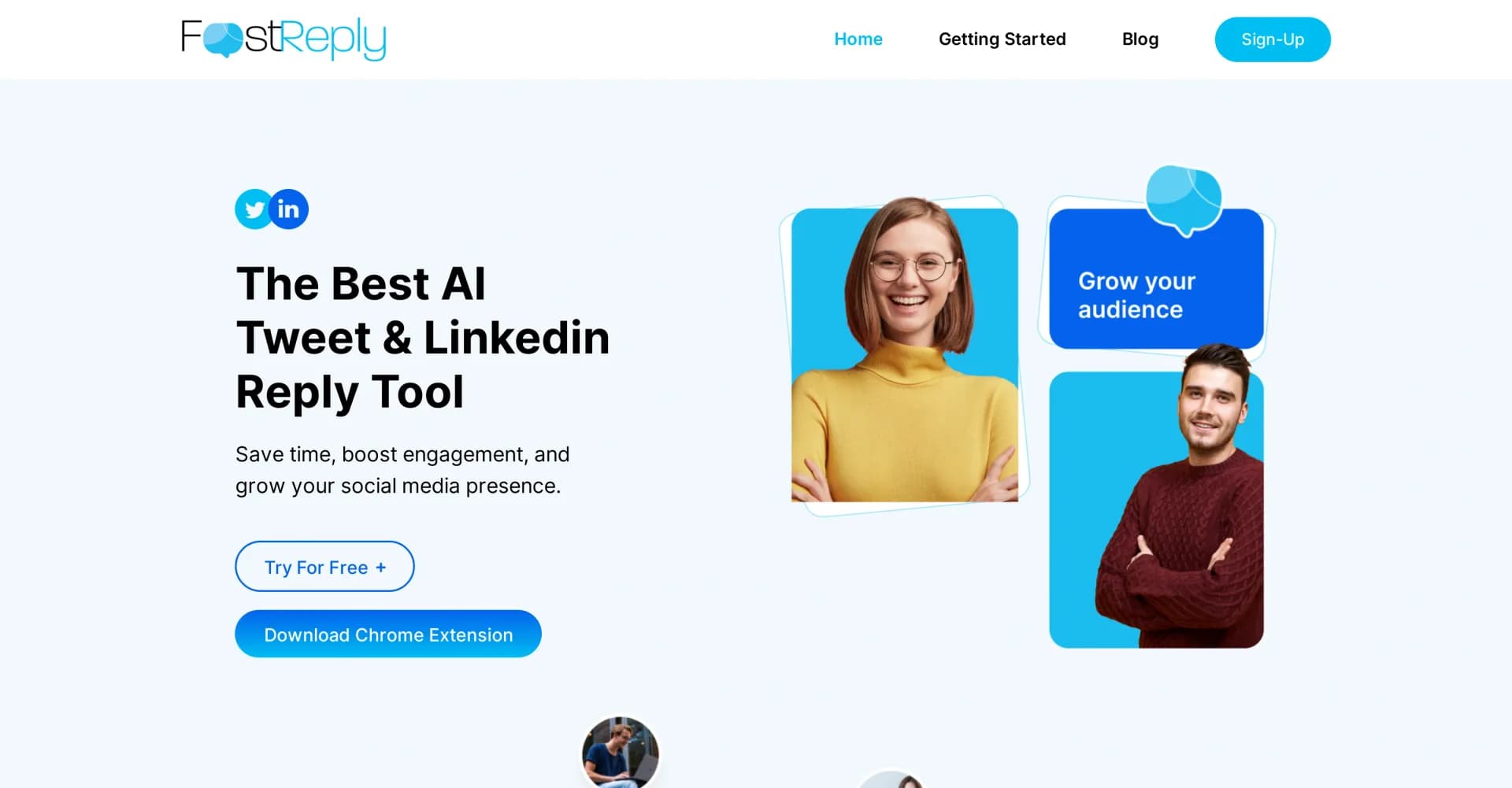 FastReply homepage screenshot — AI-powered social media replies in one click.