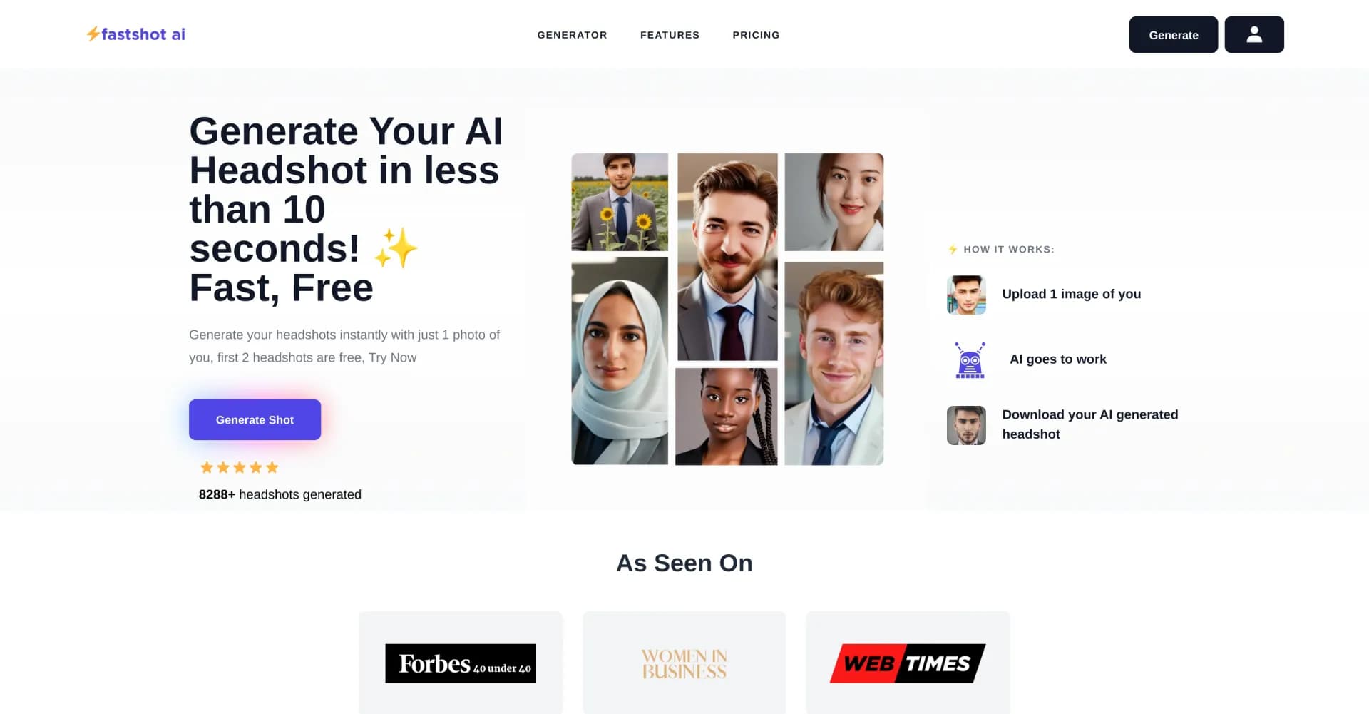 FastShot AI homepage screenshot — Generate AI headshots in under 30 seconds.