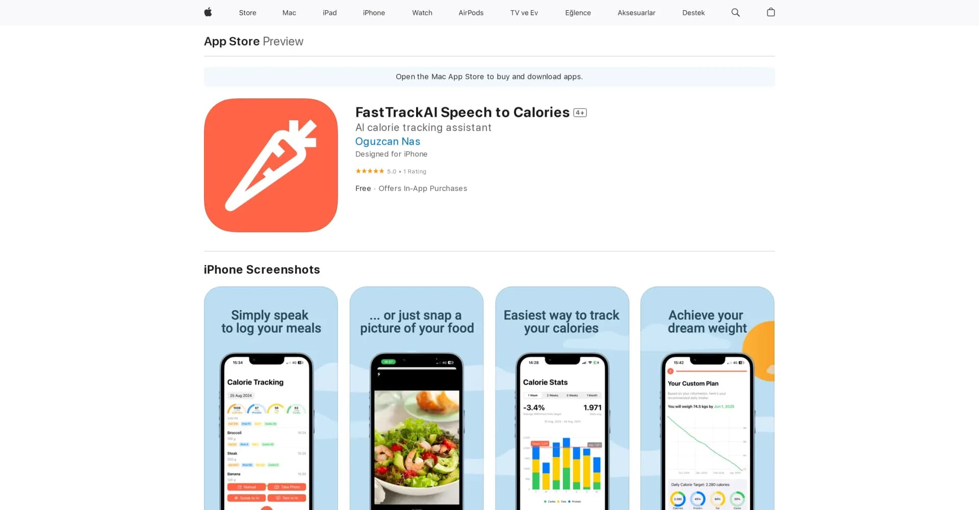 FastTrackAI homepage screenshot — AI-powered speech-to-calorie tracking assistant.