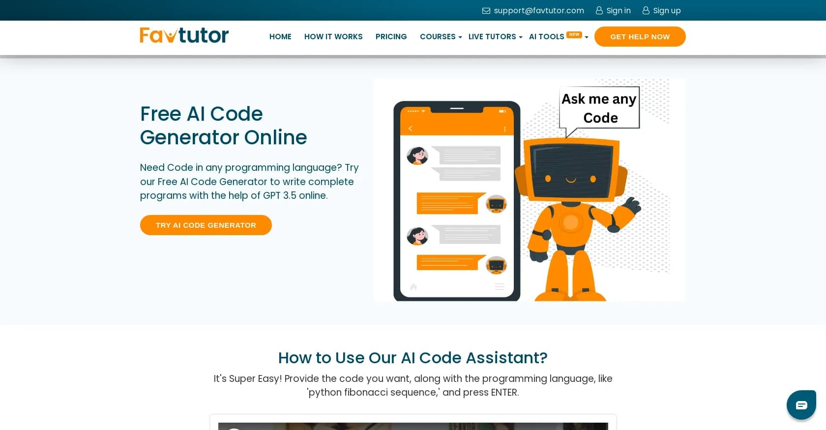 Favtutor homepage screenshot — Generate code in any language with AI