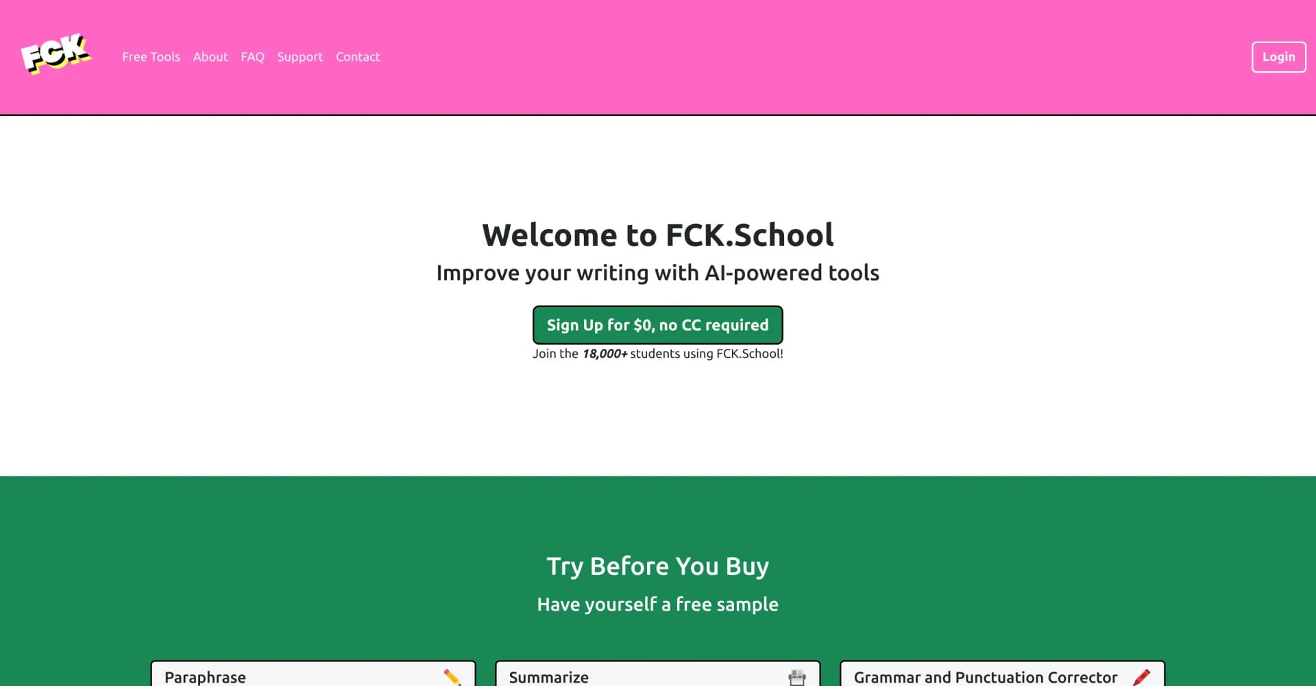 FCK.School homepage screenshot — Improve your writing with AI-powered tools