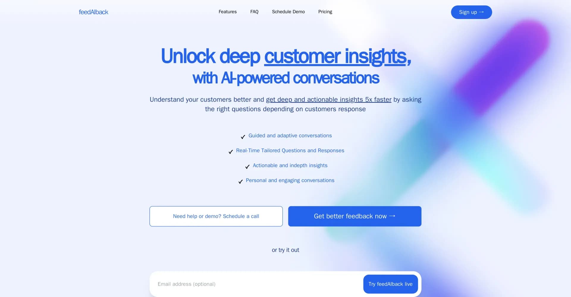 FeedAIback homepage screenshot — Unlock deep customer insights with AI-powered conversations