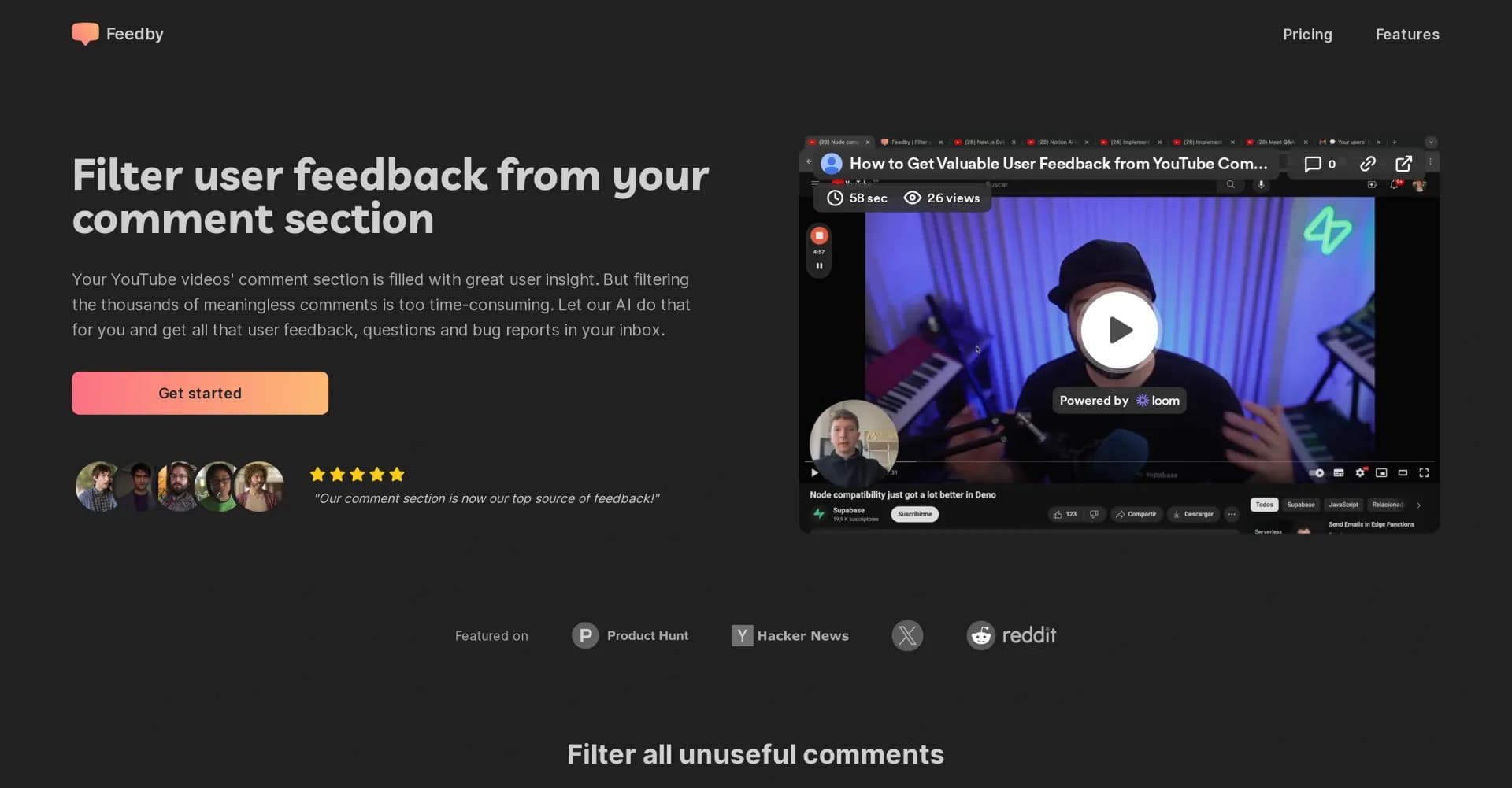 Feedby homepage screenshot — AI-powered user insight from YouTube comments.
