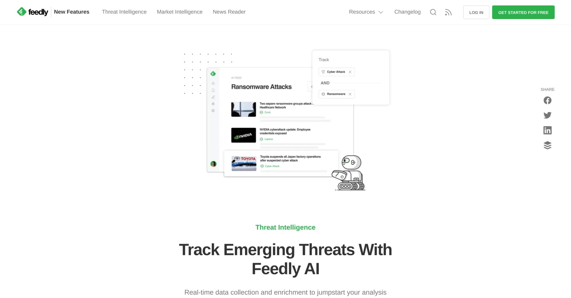 Feedly for Threat Intelligence homepage screenshot — AI research assistant that cuts through the noise