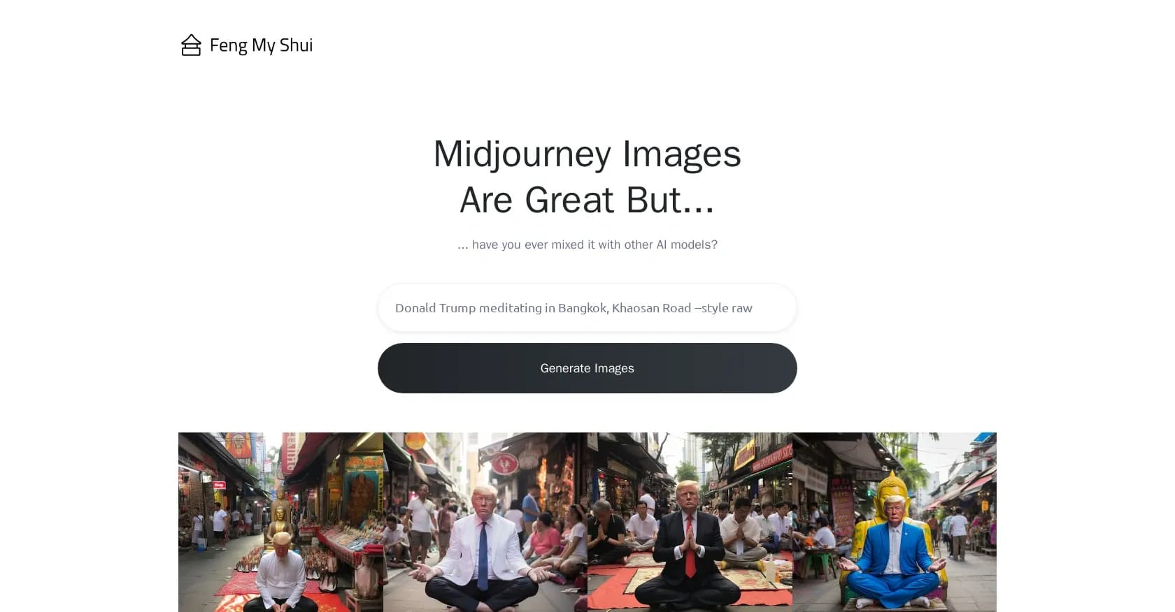 Feng My Shui homepage screenshot — Supercharge AI images with Midjourney and Stable Diffusion f