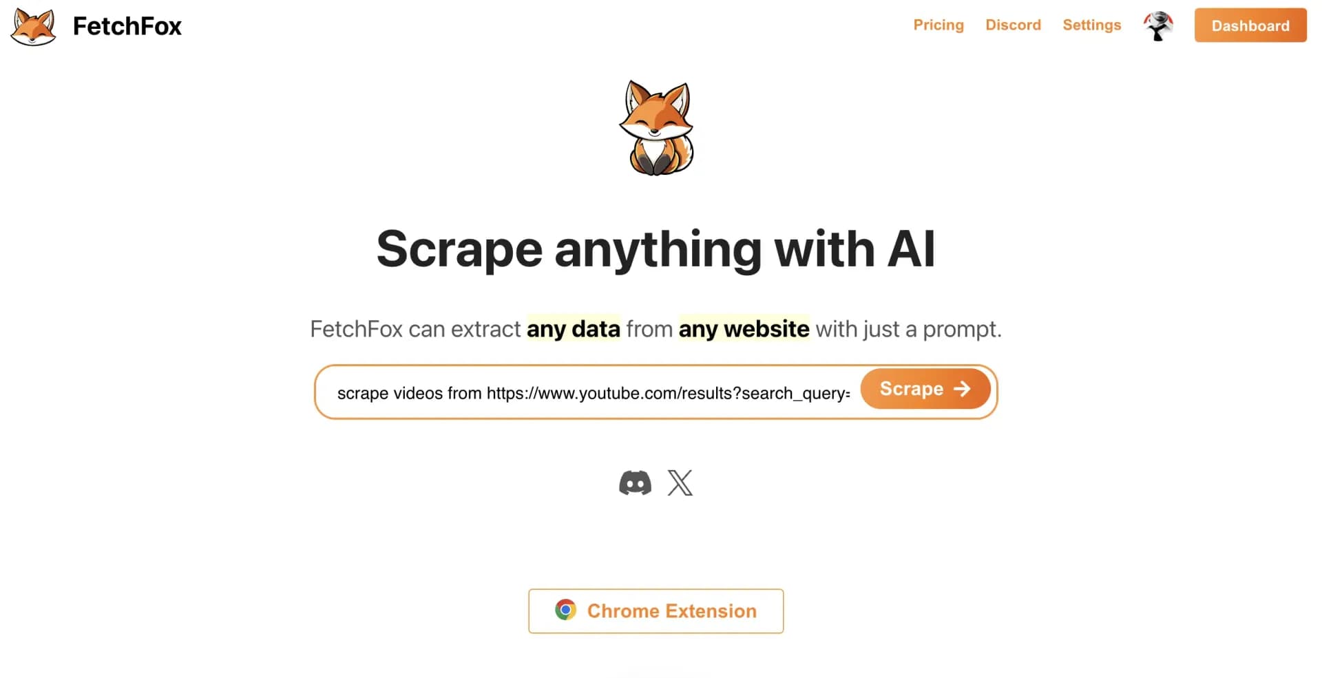 FetchFoxv1.1 homepage screenshot — Scrape any data from any website, with AI