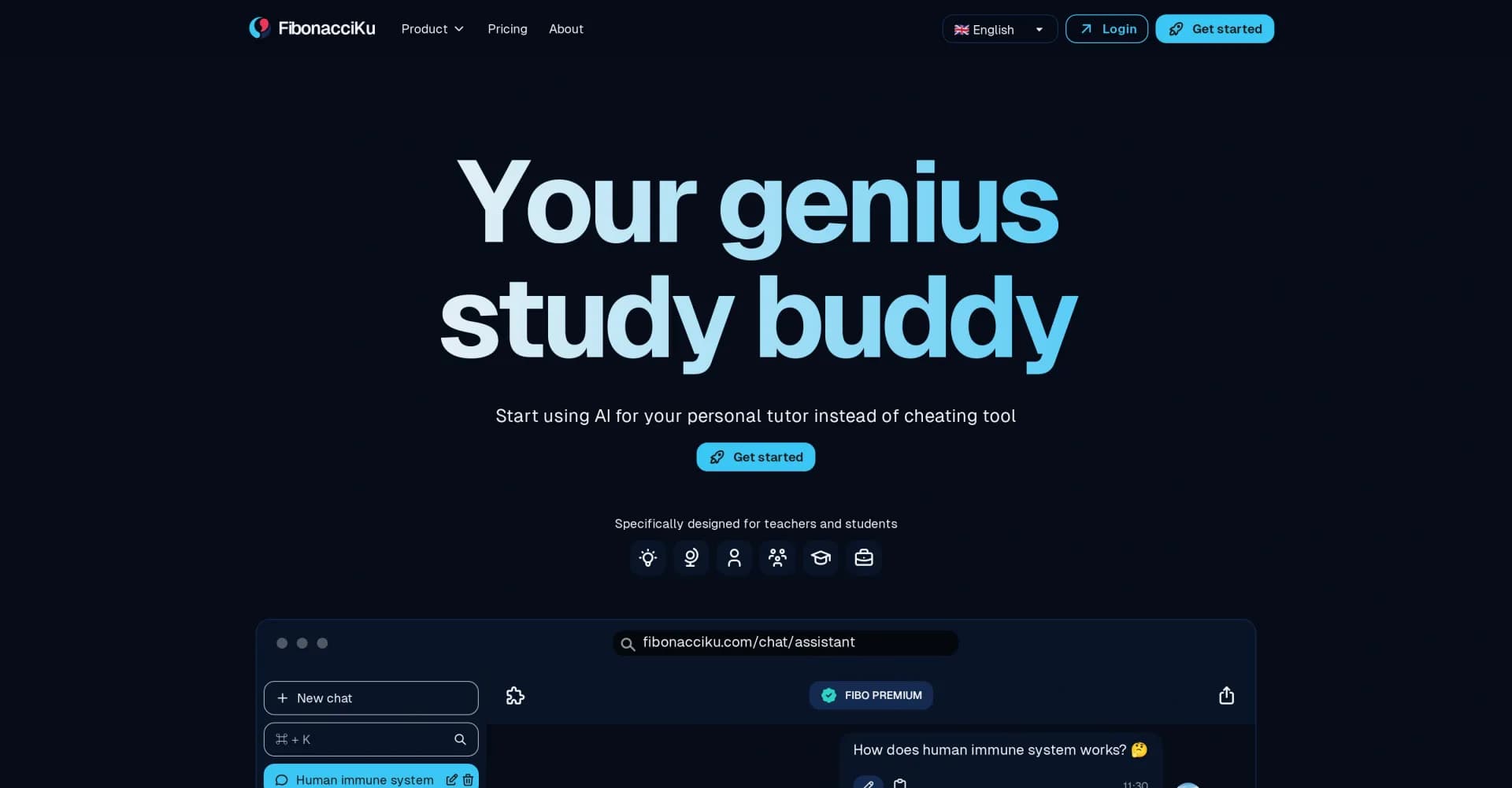 FibonacciKu homepage screenshot — Your genius study buddy: AI tutor, not cheating tool