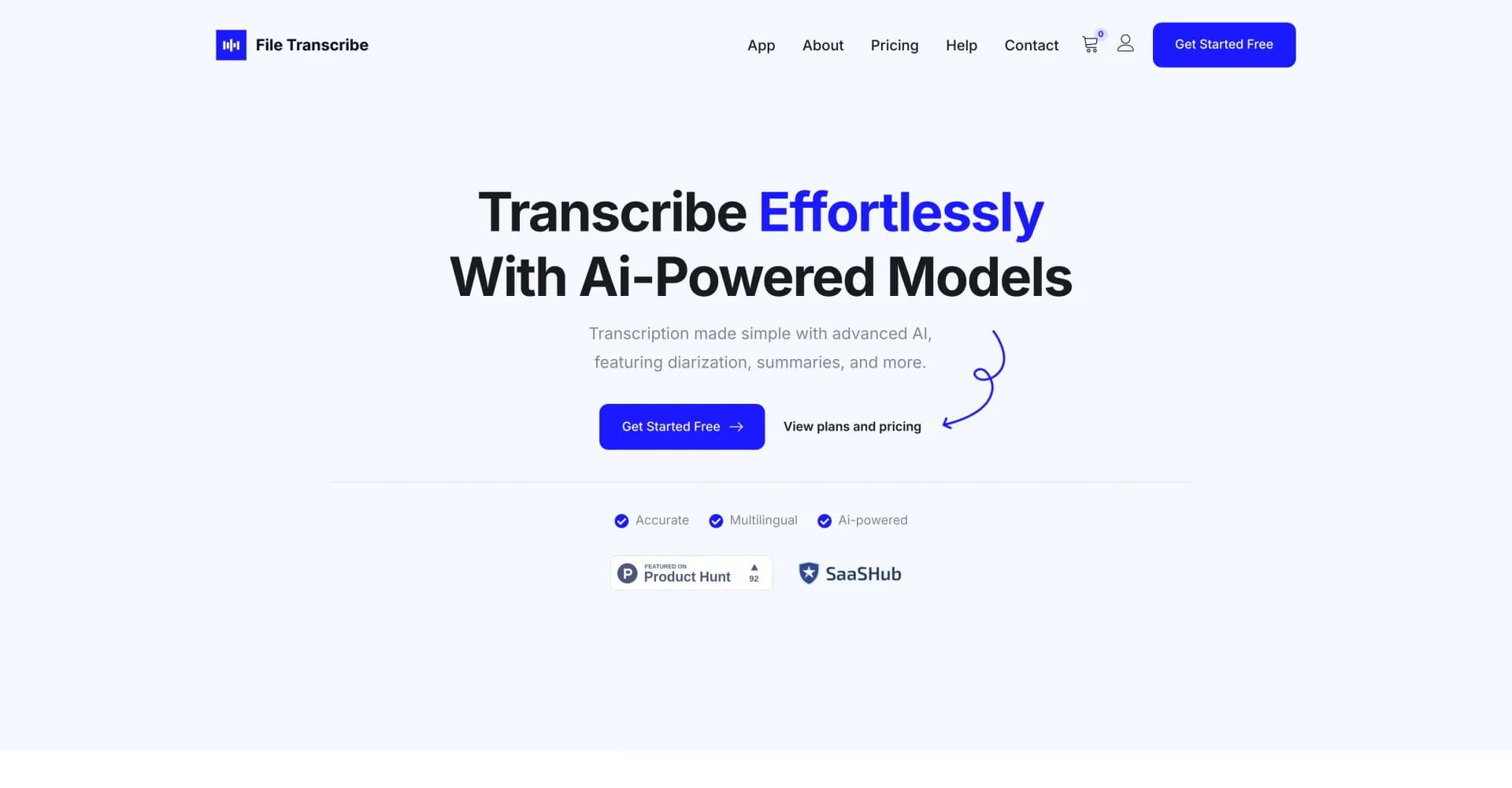 File Transcribe homepage screenshot — AI-powered audio and video transcription made simple.