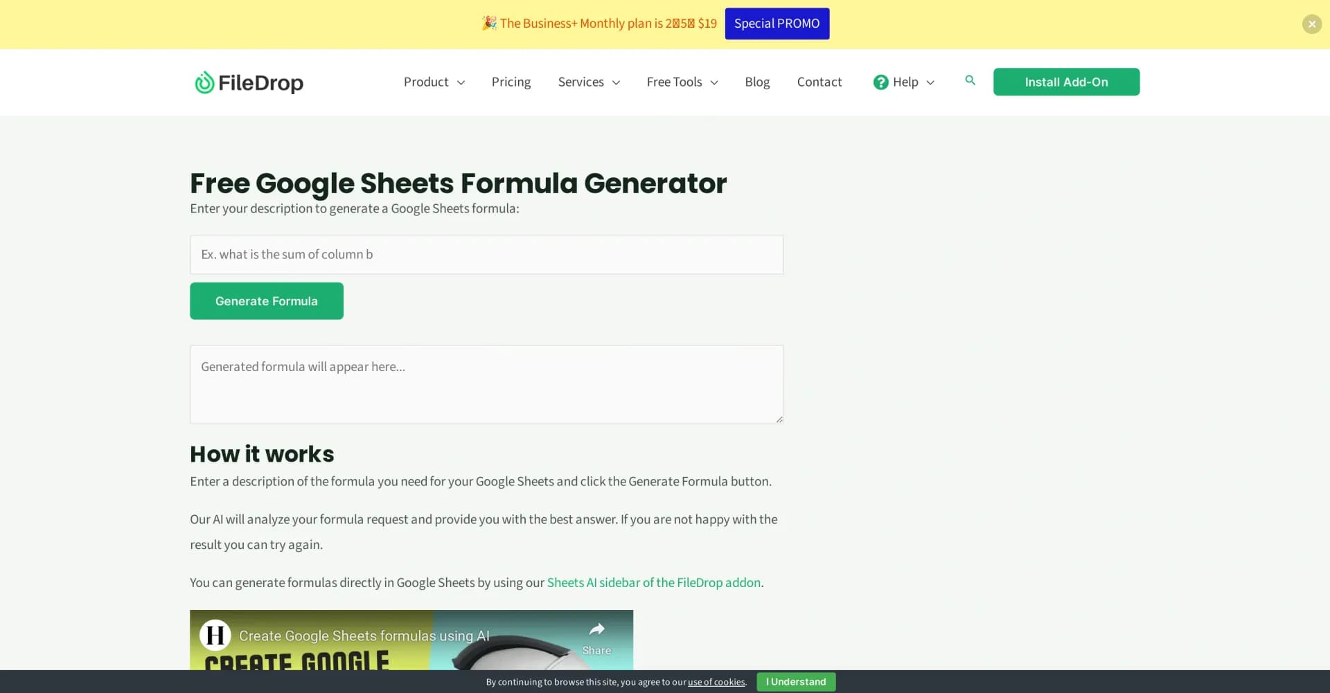 FileDrop homepage screenshot — Generate Google Sheets formulas instantly with AI.
