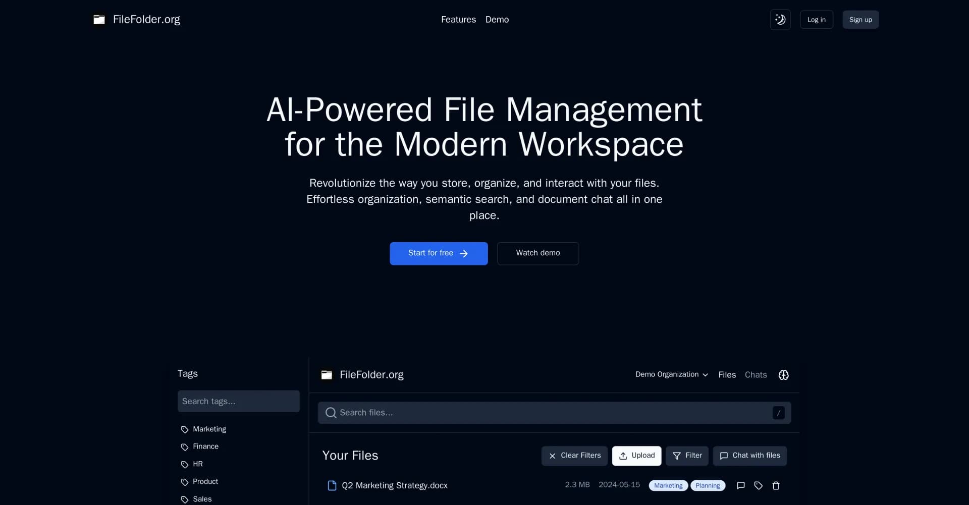 FileFolder homepage screenshot — AI-powered file management for effortless organization.