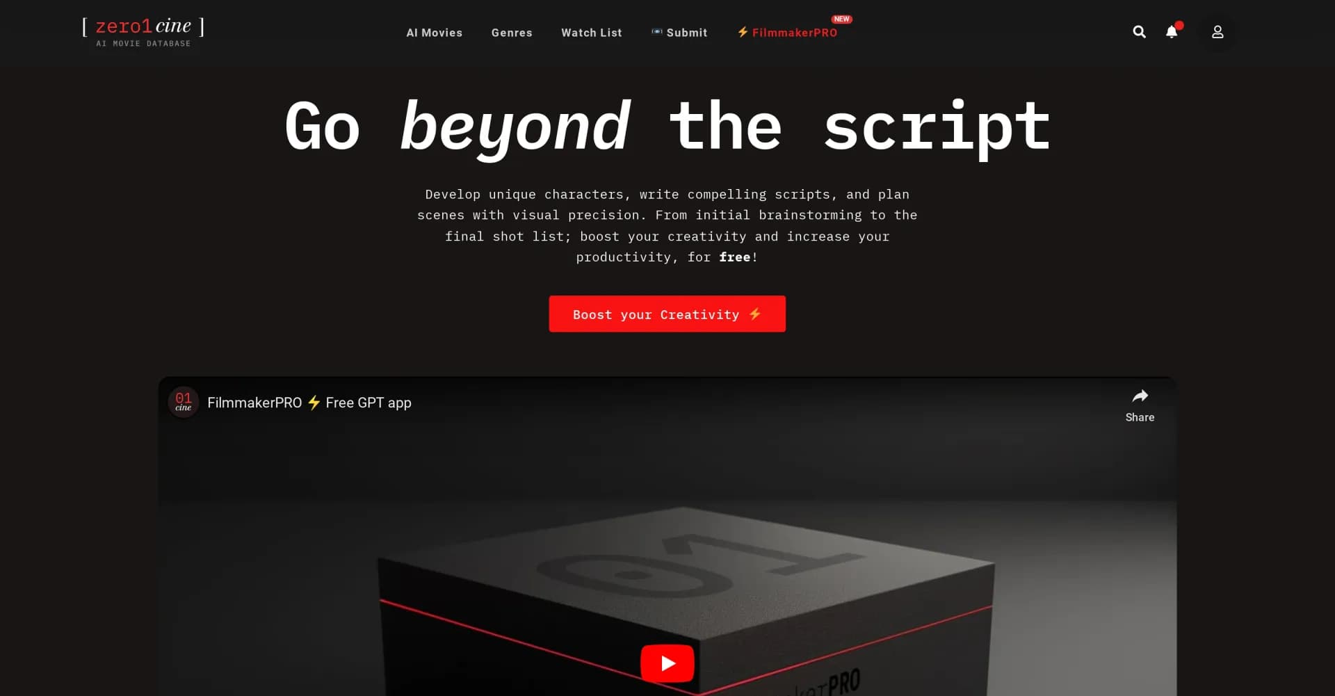 FilmmakerPRO homepage screenshot — Elevate your filmmaking with AI-powered storytelling.