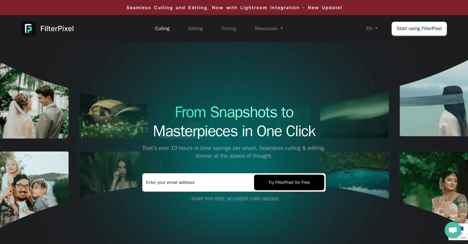 FilterPixel homepage screenshot — From snapshots to masterpieces in one click.