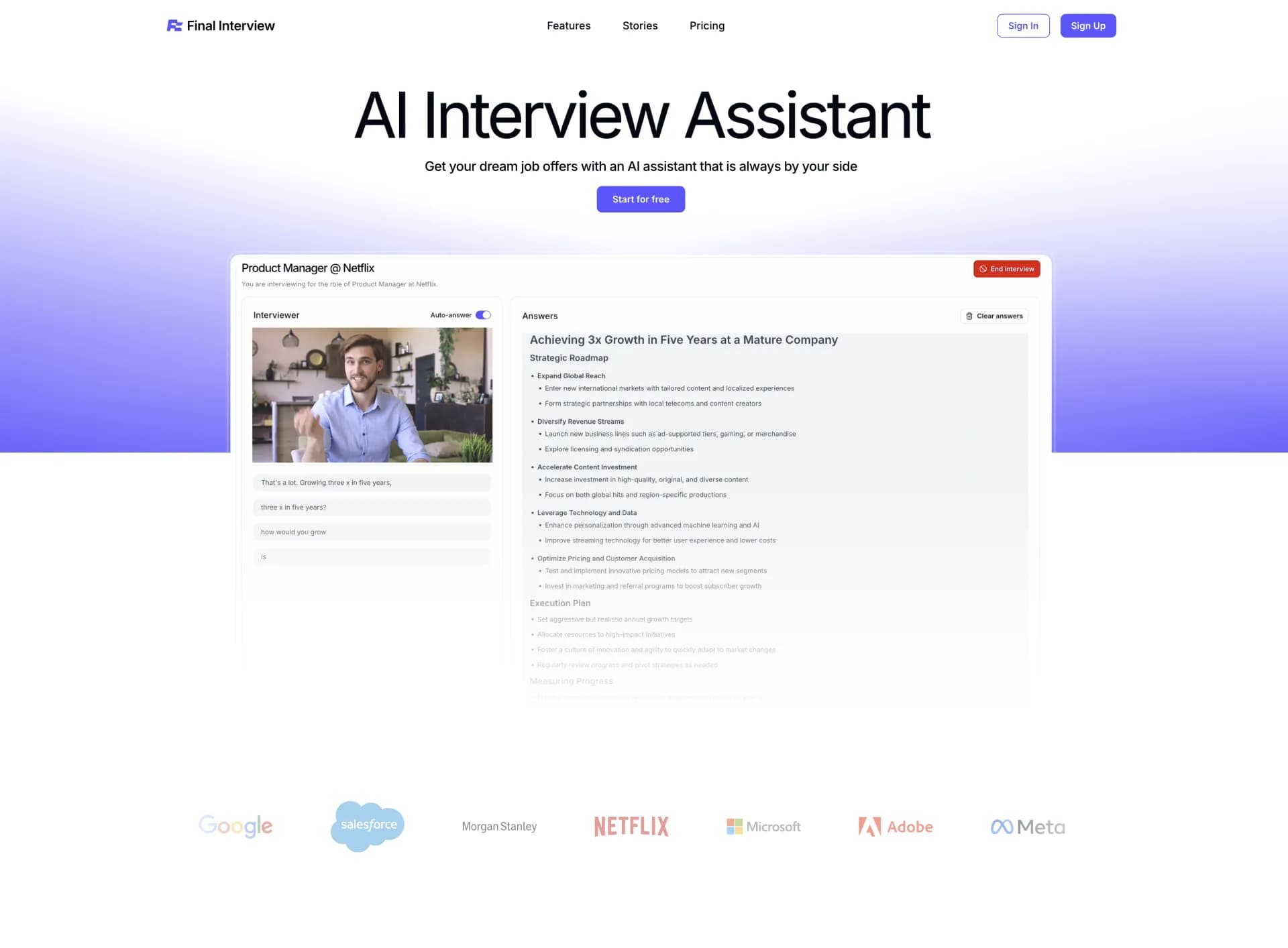 Final Interview homepage screenshot — Get your dream job offers with an AI assistant that is alway