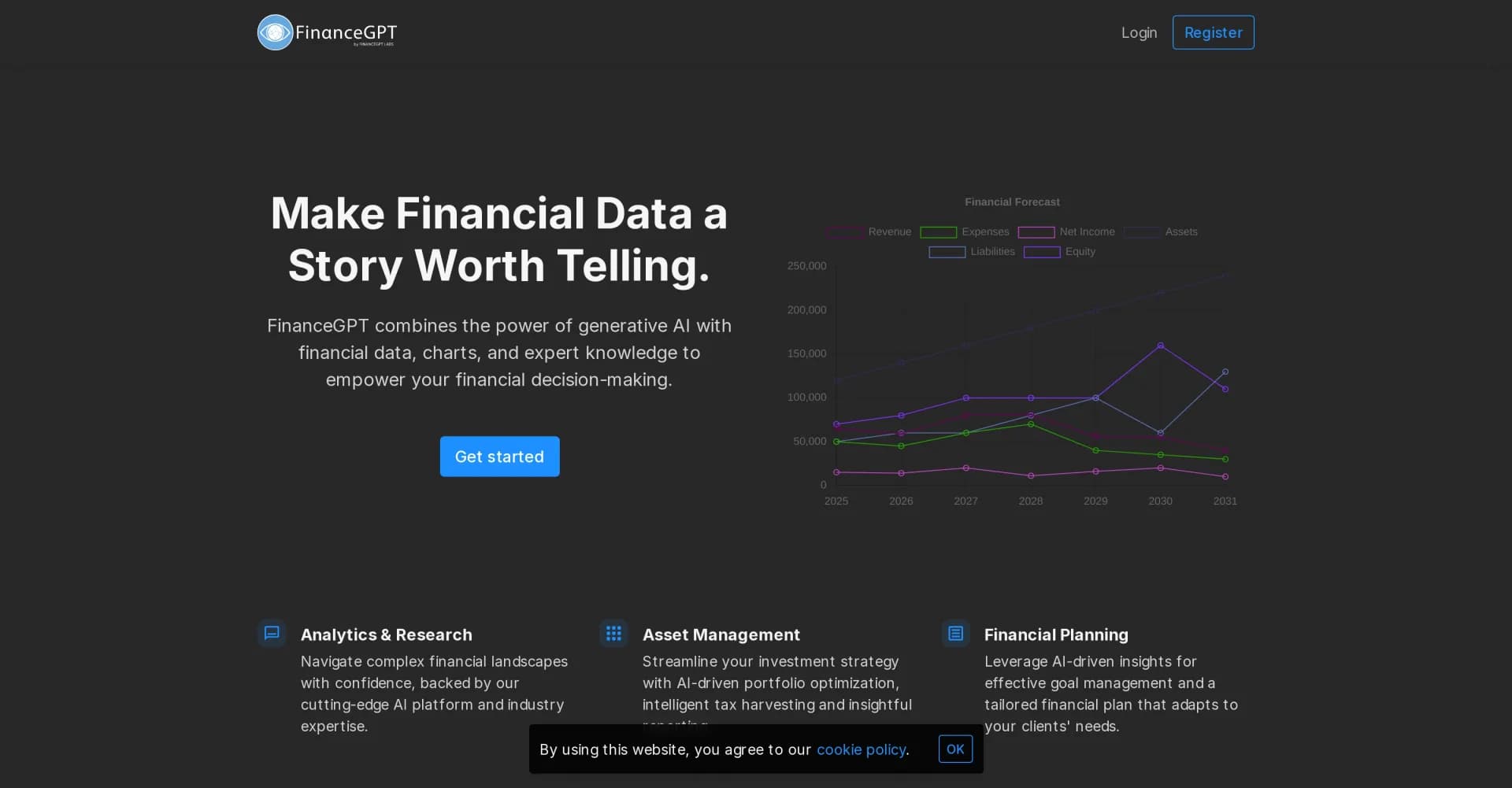 FinanceGPT homepage screenshot — AI-powered financial analysis for smarter decisions.
