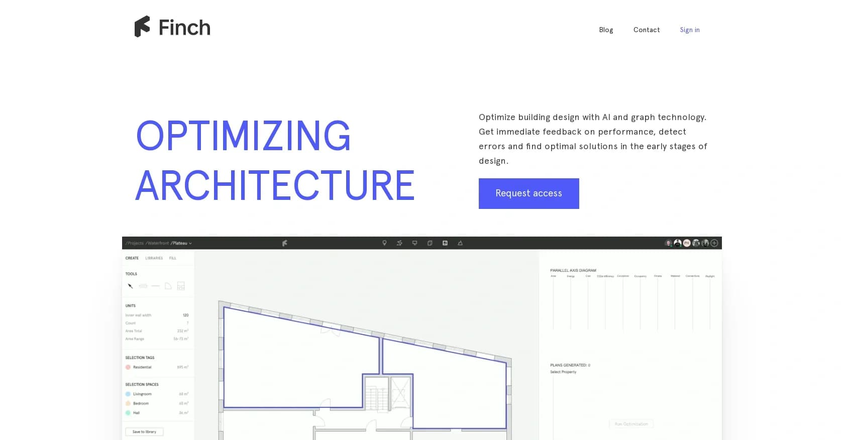 Finch 3D homepage screenshot — AI-powered building design optimization