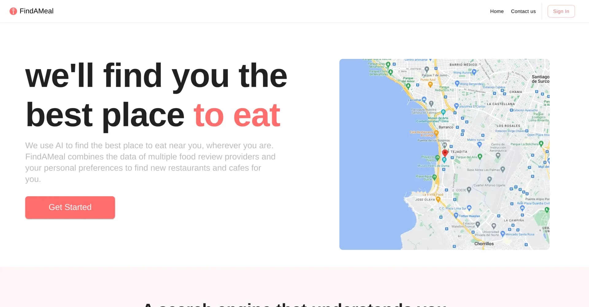 FindAMeal homepage screenshot — AI-powered search for the best nearby restaurants