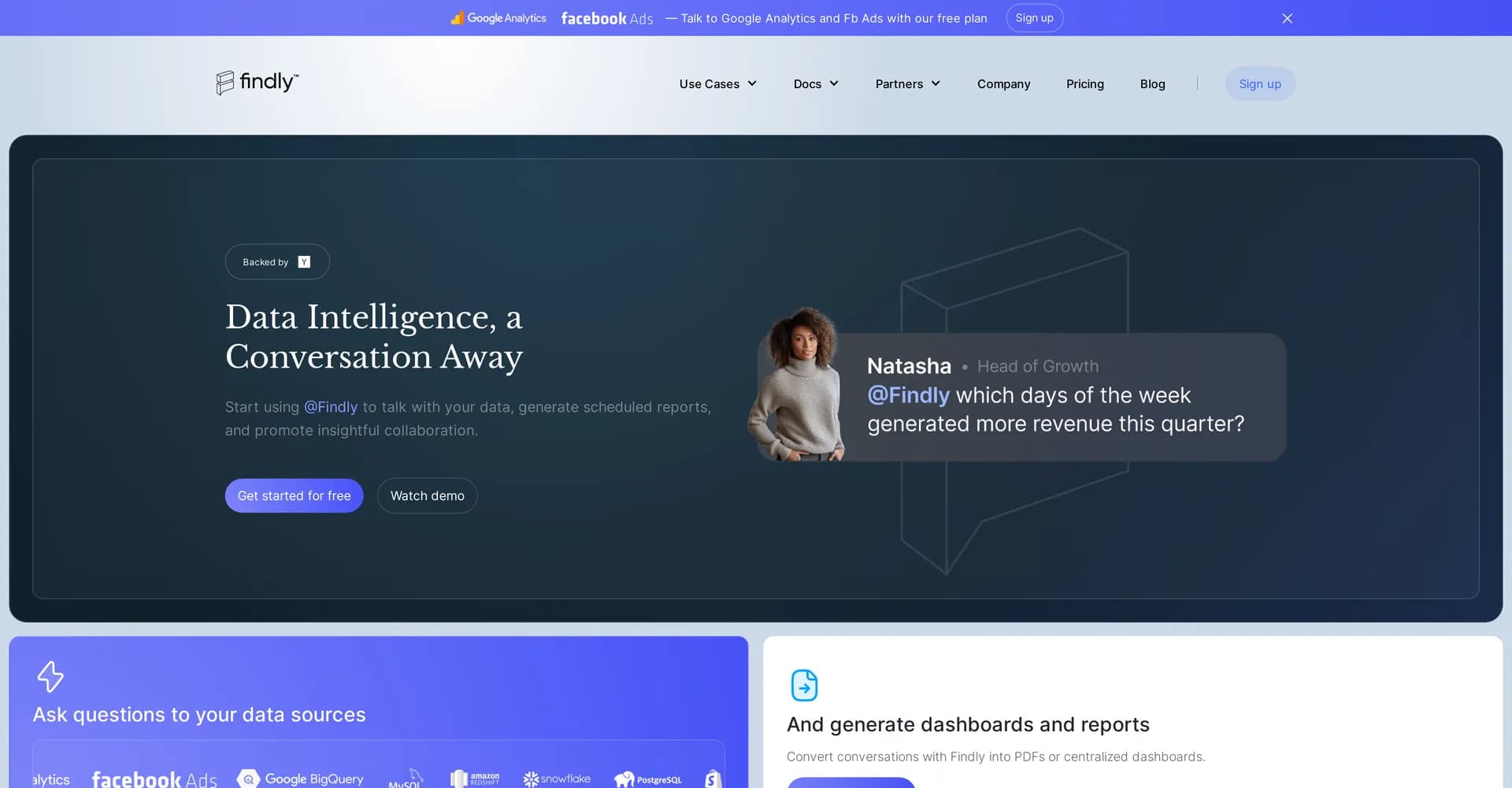 Findly homepage screenshot — Query data in plain English, no coding required.