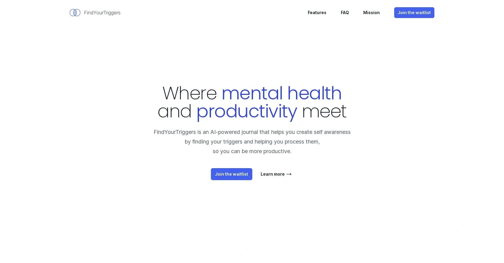 FindYourTriggers homepage screenshot — Promotes growth via journaling and trigger detection.