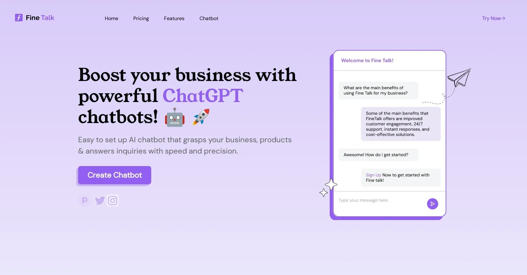 Finetalk homepage screenshot — Create AI chatbots that understand your business and answer 