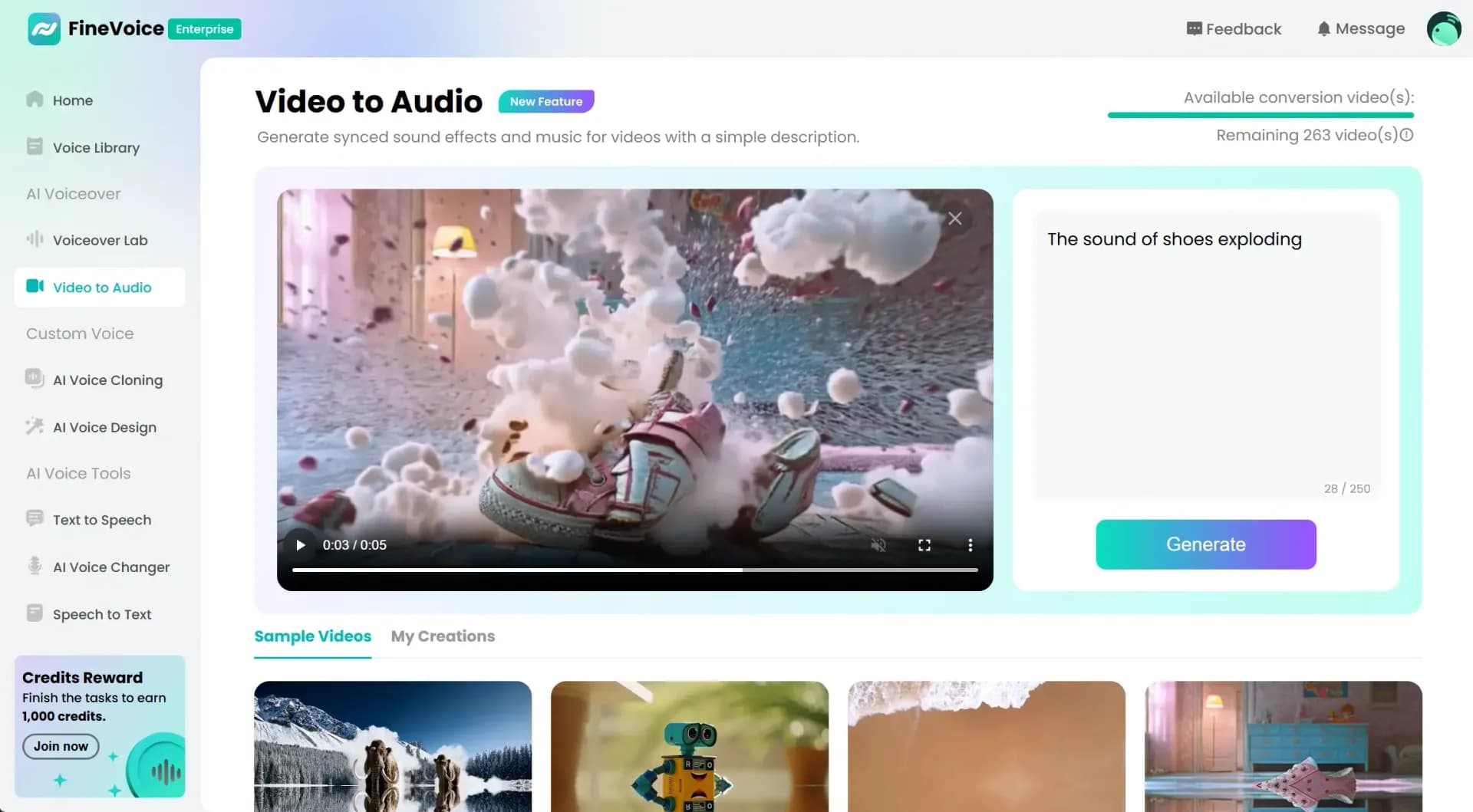 FineVoicev2.5.1 homepage screenshot — Create videos and voiceovers with your favorite voice and so