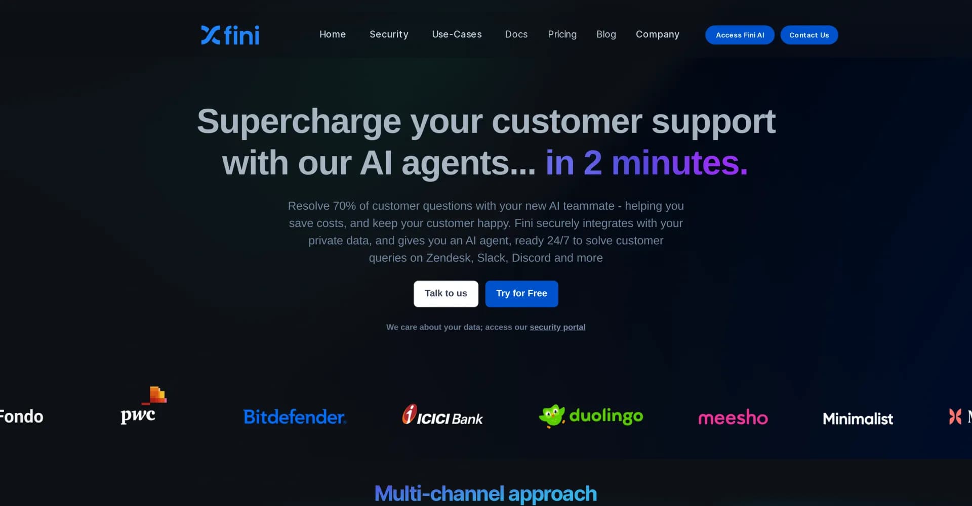 Fini homepage screenshot — AI chat from your knowledge base in minutes