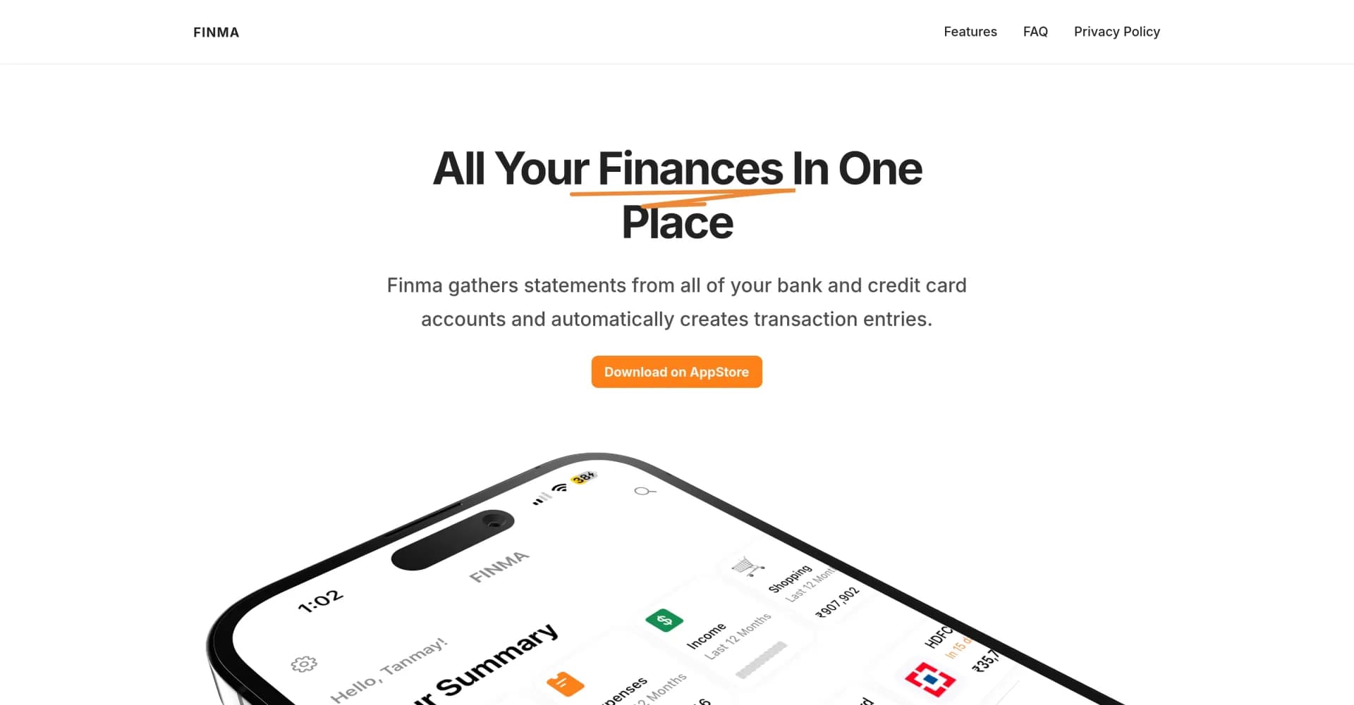 Finmav1.1.4 homepage screenshot — All your finances in one place, beautifully managed.