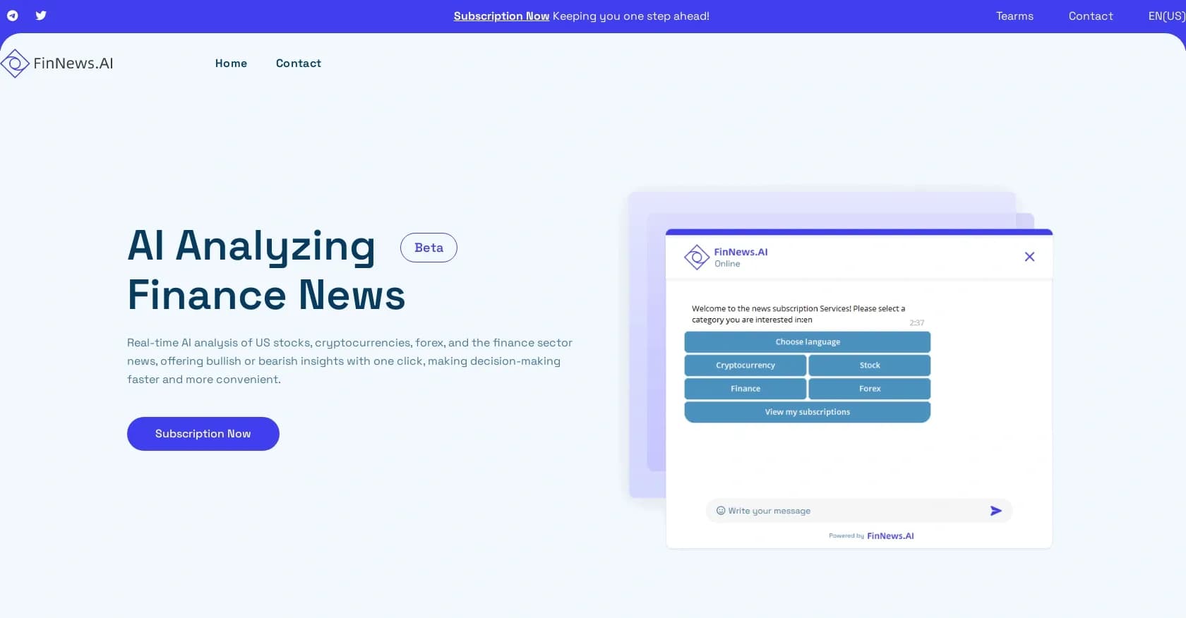 FinNews homepage screenshot — AI-powered financial news analysis for faster decisions