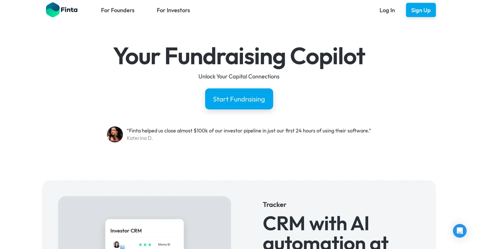 Finta homepage screenshot — Unlock your capital connections with AI-powered fundraising.