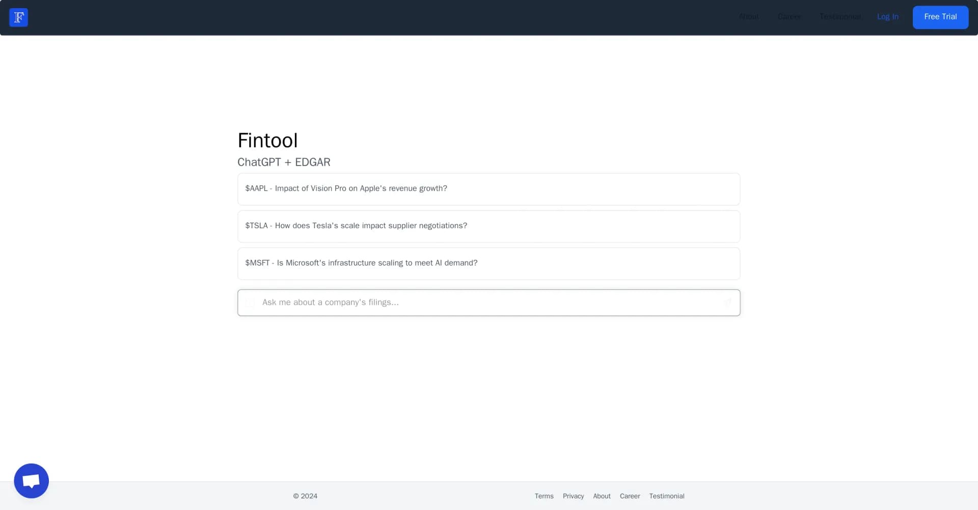 Fintool homepage screenshot — AI-powered analysis of SEC filings and financial data