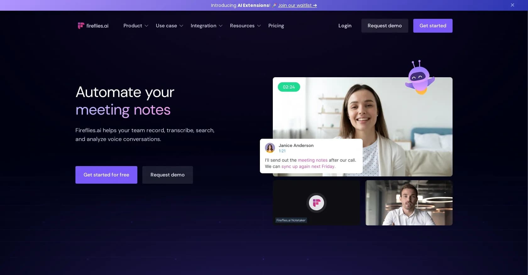 Fireflies homepage screenshot — Turn voice conversations into actionable insights.