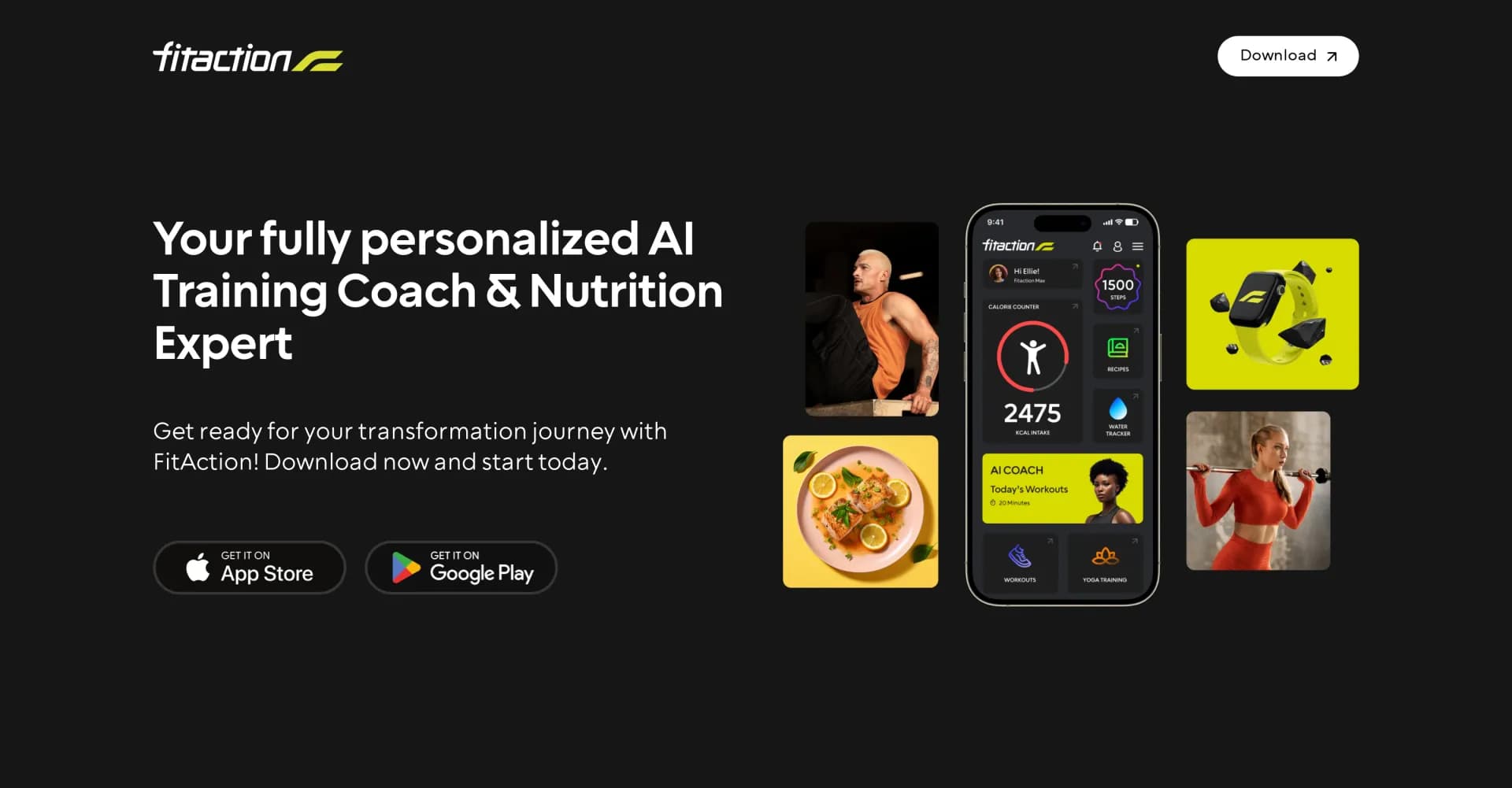 FitAction homepage screenshot — Your AI personal trainer for fitness and wellness transforma