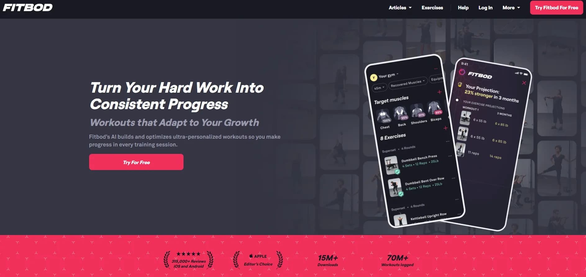 Fitbod homepage screenshot — AI-powered workouts tailored to you.
