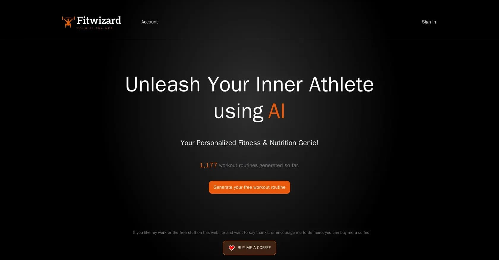 FitWizard homepage screenshot — AI-powered fitness and nutrition genie.