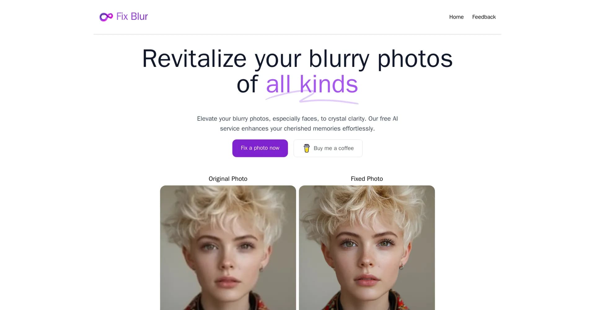 Fix Blur homepage screenshot — Revitalize blurry photos with AI-powered clarity