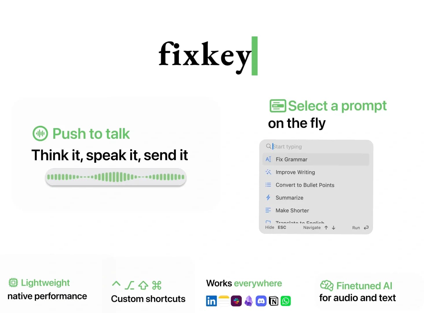 Fixkeyv2.0.0 homepage screenshot — Fix grammar in any app with AI-powered typing.