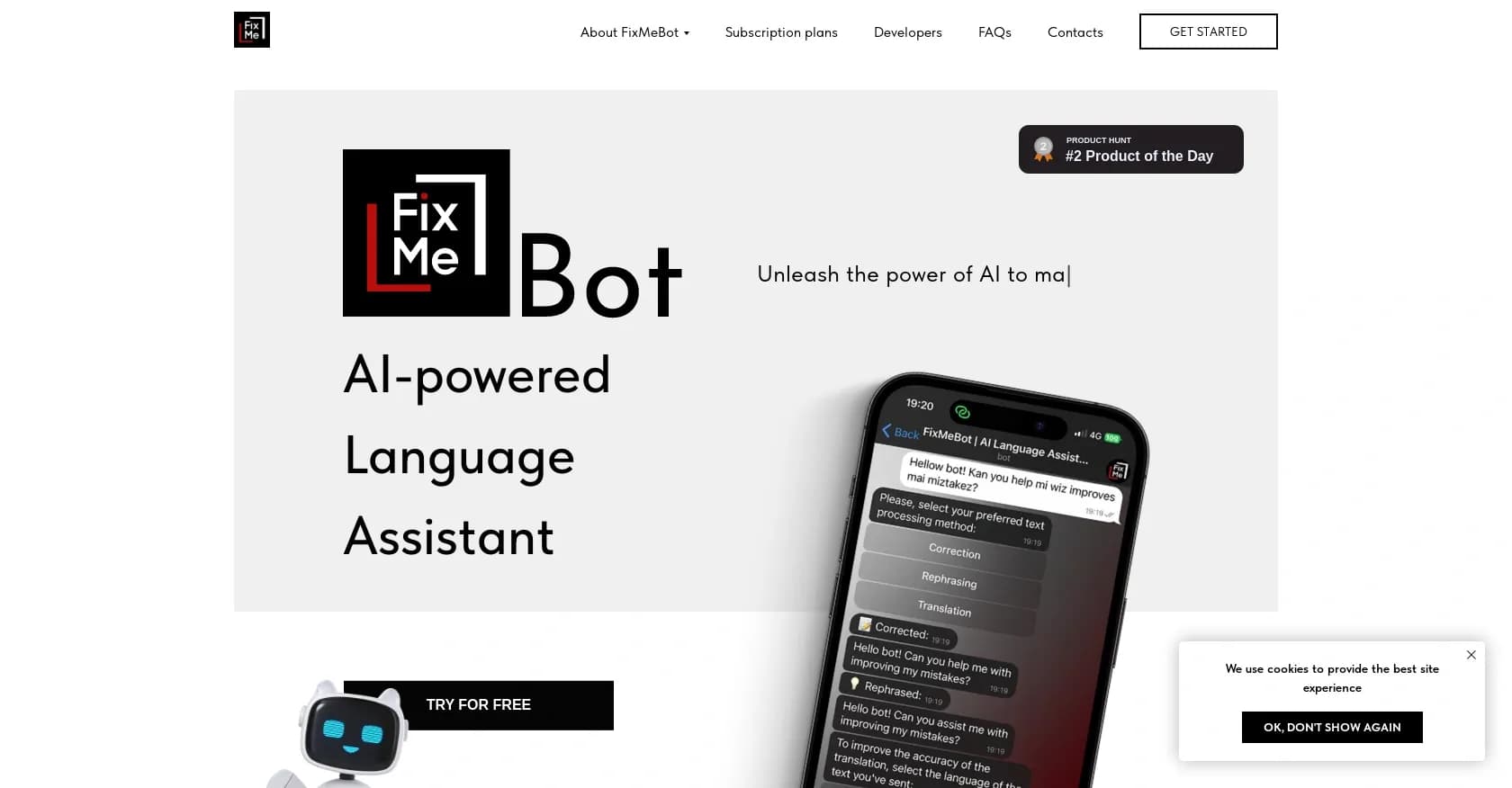 FixMeBot homepage screenshot — AI-powered Language Assistant