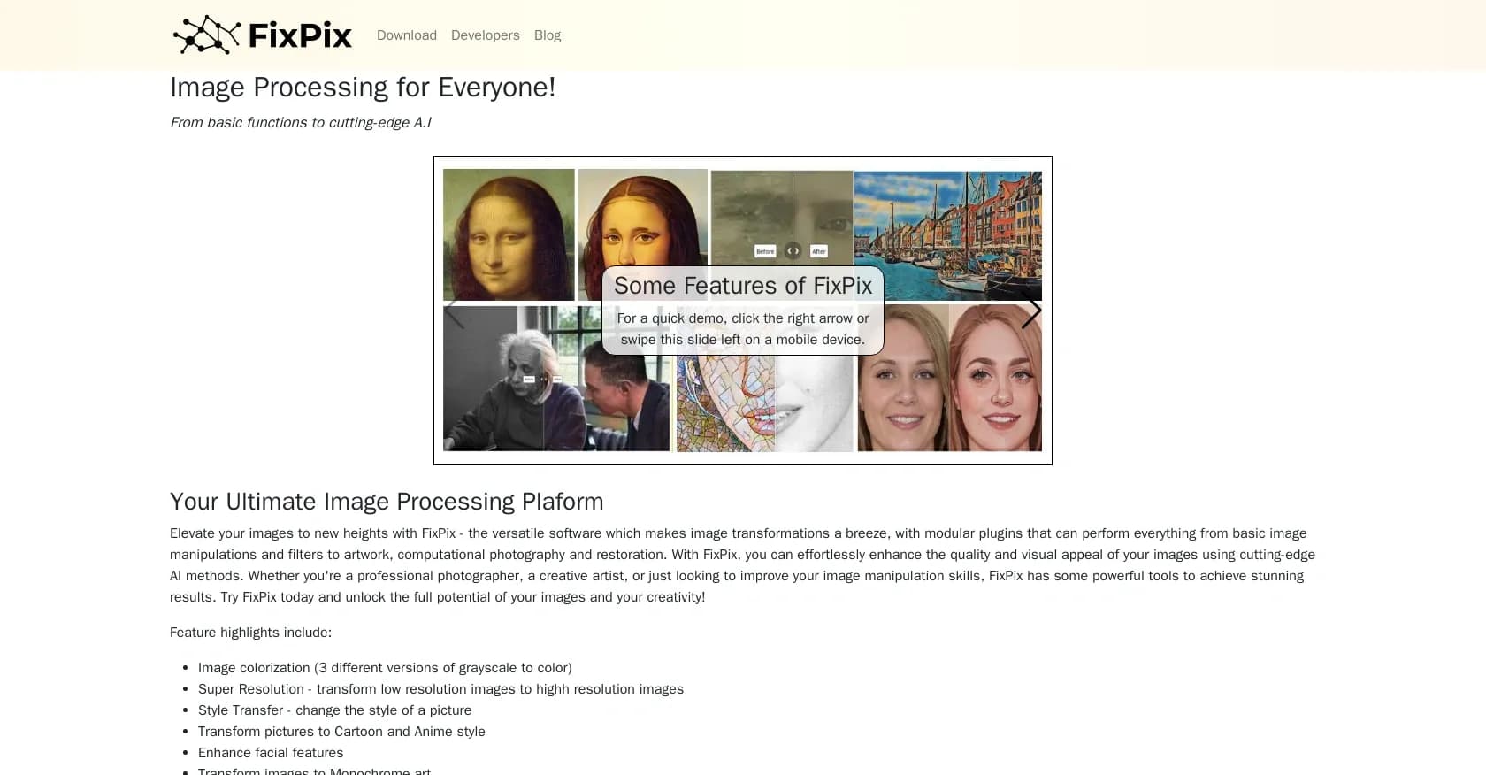 Fixpix homepage screenshot — AI-powered image processing for everyone