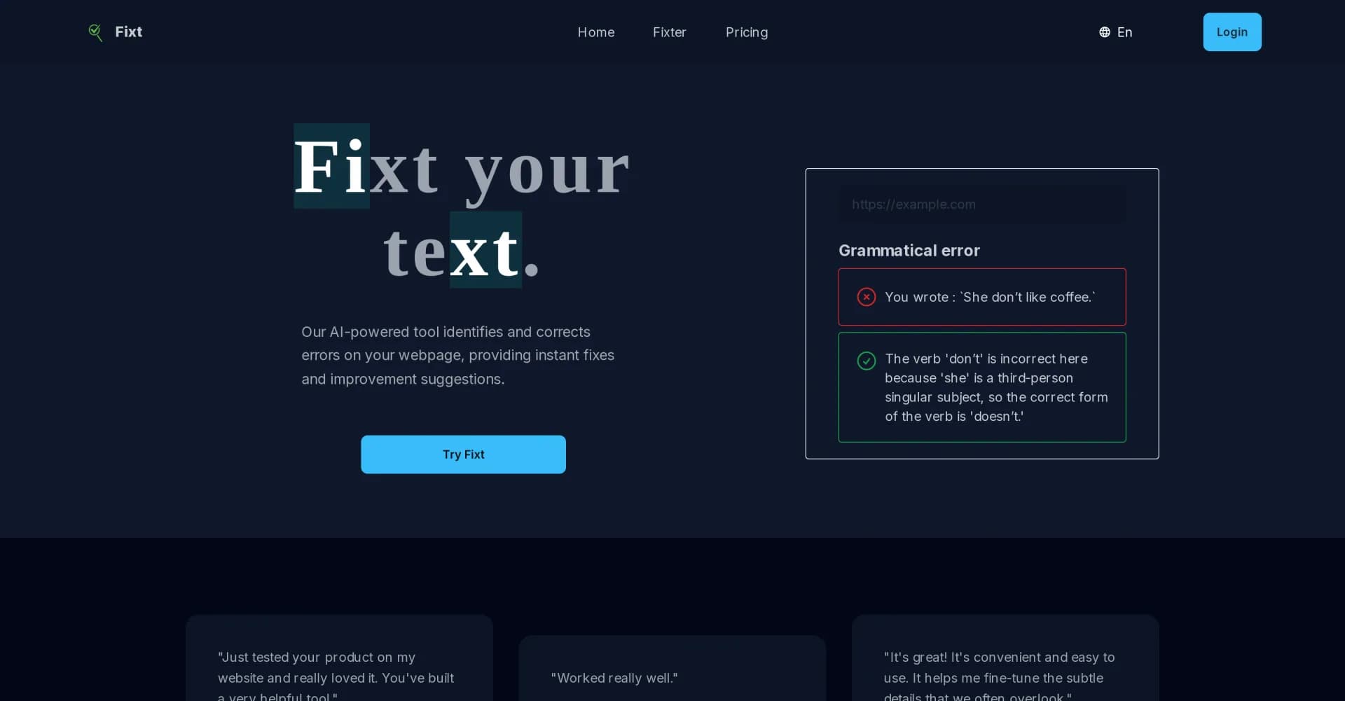 Fixt homepage screenshot — Instantly fix and improve your website's text.
