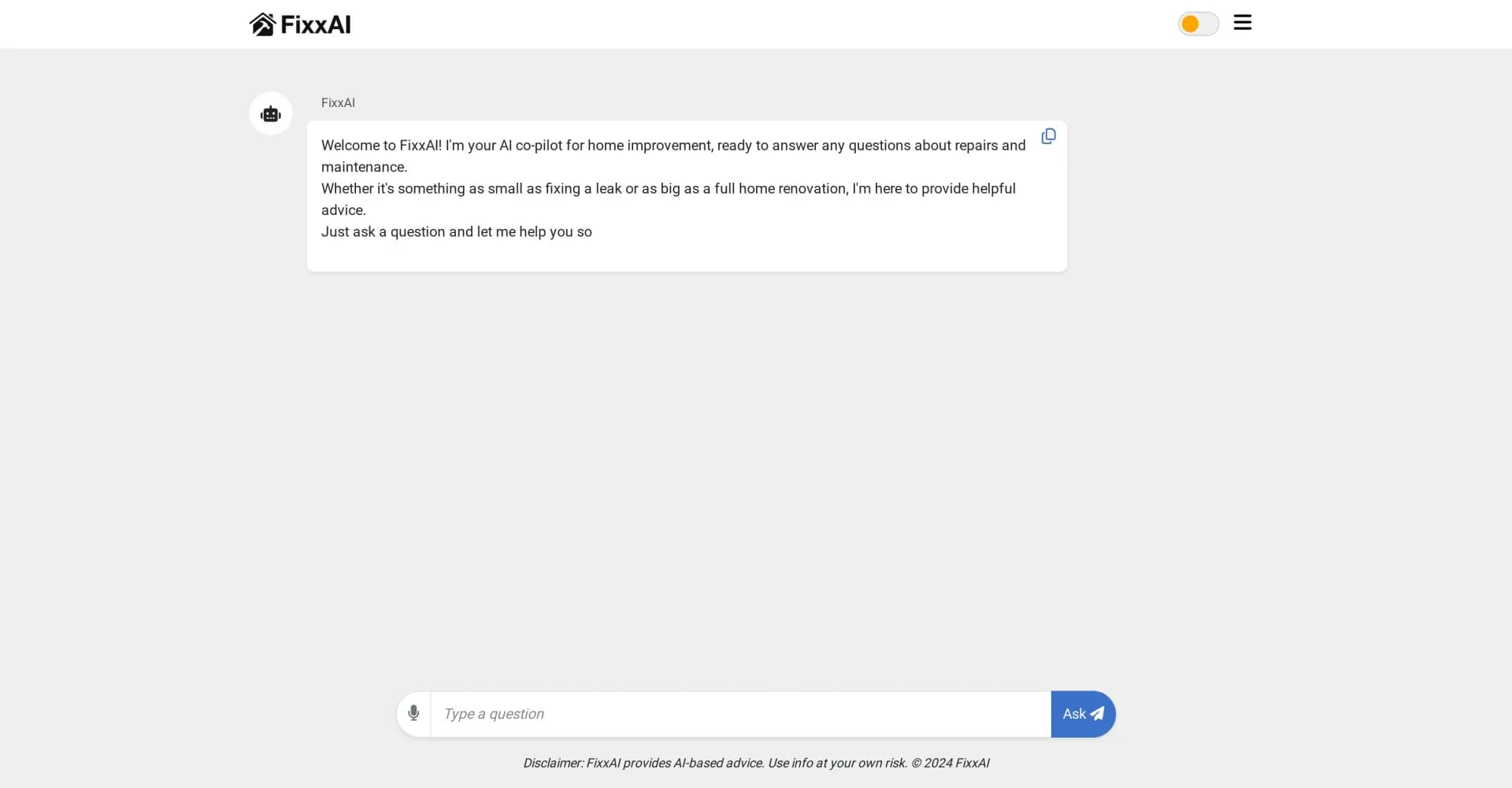 FixxAI homepage screenshot — AI co-pilot for home improvement and property issues